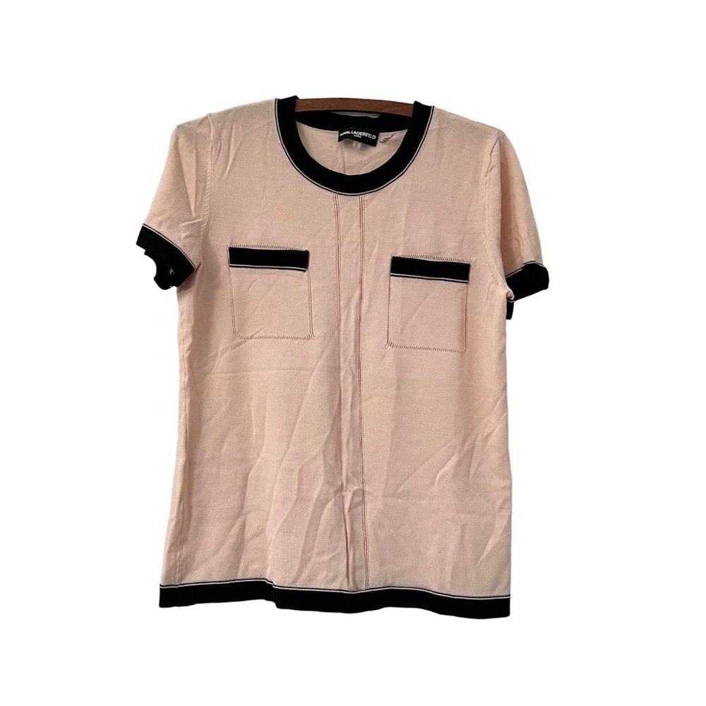Karl Lagerfeld Pink Black Trim Pocket Short Sleeve Blouse Top Womens Size Medium